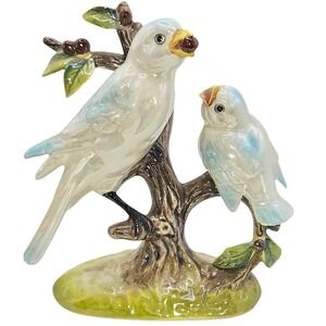Norcrest Japan Vintage Porcelain Birds on Branch Figurine Blue White Lusterware